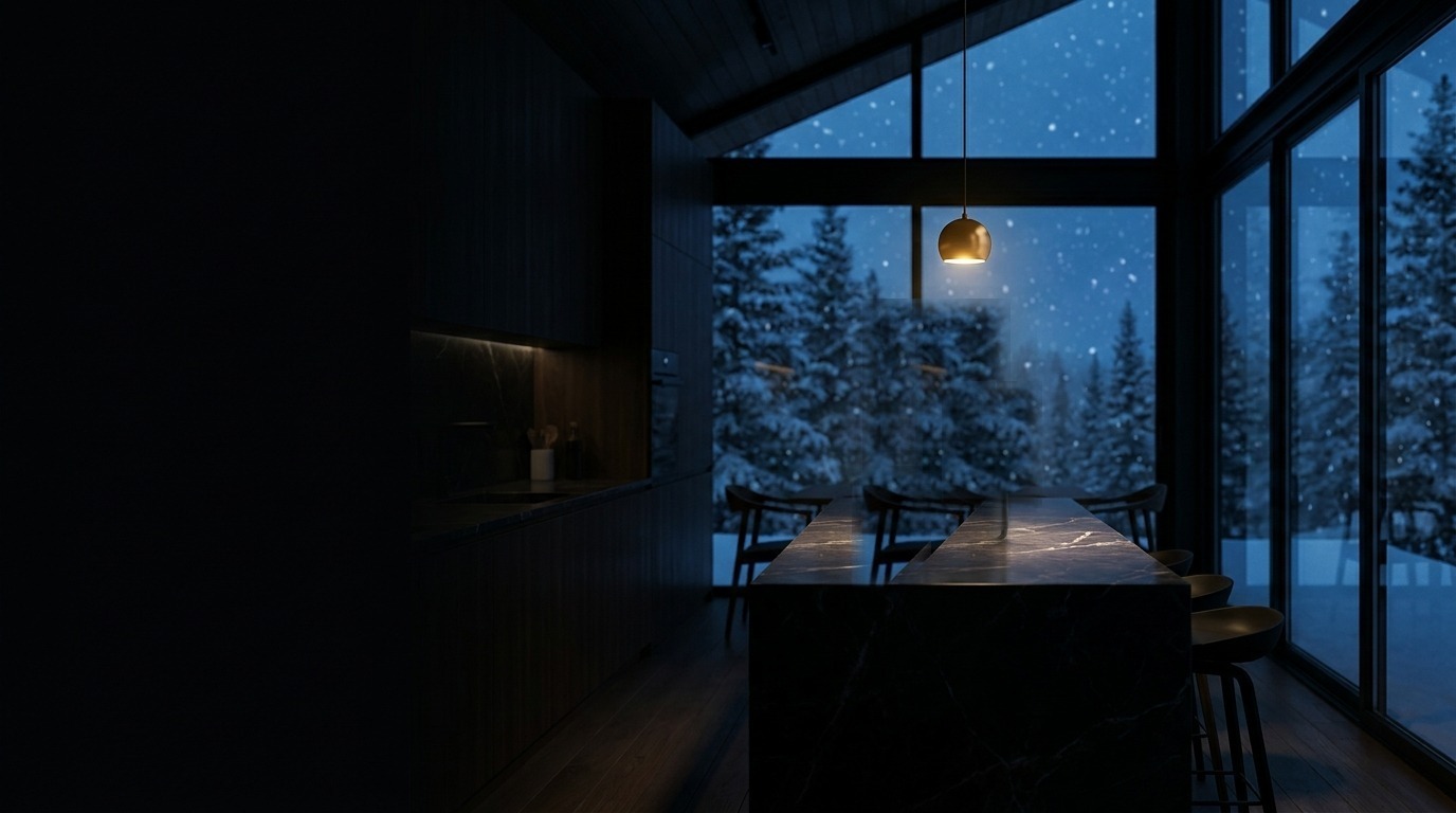 Dark glass-walled cabin kitchen, snowy pines beyond the windows